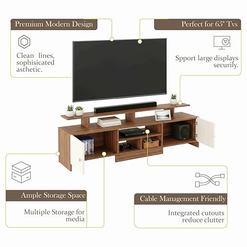 Image of FURNEASER KSV Modern TV Unit for Living Room | Engineered Wood TV Cabinet with Storage Shelves | Entertainment Center TV Stand for Home (Fits Up to 65 Inch TV) | DIY Space Saving (Exotic Teak & White)