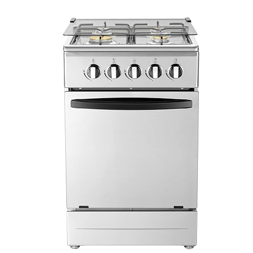 20' Free Standing Gas Stove Oven Range,4 Burner LPG Cooktop with 65L Oven, 201 Stainless Steel Body, Double Layer Mirror Surface Tempered Glass Door, Compact Design for Kitchen (LPG)