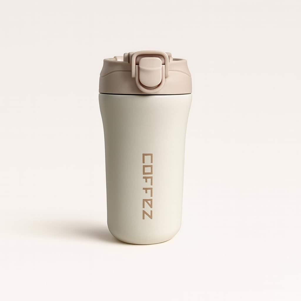 400ML Dual Drink Vacuum Insulated Tea Coffee Tumbler Flask with Silicon Straw Lock Sip Lid Anti Spill Stainless Steel Travel Mug for Hot Cold Beverages - White