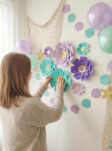 Image of Teal Purple Paper Flower for Wall Turquoise Green Lavender Lilac Mermaid Birthday Party Wedding Bridal Baby Shower Party Decoration Pack of 12