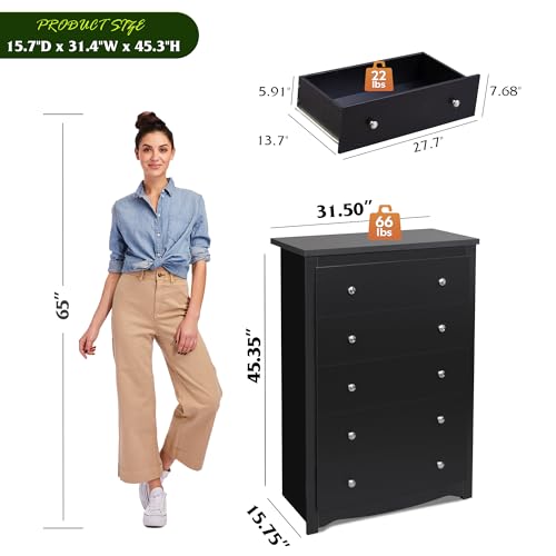 WLIVE Wood Dresser with 5 Drawers, Black Wooden Storage Cabinet, Organizer Drawers for Bedroom, Living Room, Hallway, Measuring 15.75" W * 31.50" D * 45.35" H 
