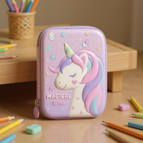 Image of Famyo Cute Pink Unicorn Pencil Box for Girls | Hard Shell Aesthetic Stationery Case for Kids & Teens | Cute Pencil Pouch for School Girls | Pen Storage Box Organizer
