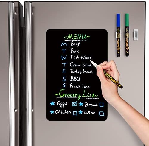 CUHIOY Magnetic Dry Erase Black Board Sheet for Fridge 12x8''- Magnetic Chalkboard for Refrigerator with Stain Free Easy Clean Surface - 3 Chalk Markers & Eraser - Kitchen Grocery List Magnet Board