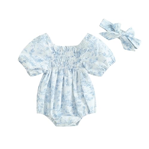Image of Ursobutegl Infant Baby Girls Romper Floral Ruffle Sleeve Pleated Smocked Bubble One Piece Ruched Jumpsuit Summer Bodysuit