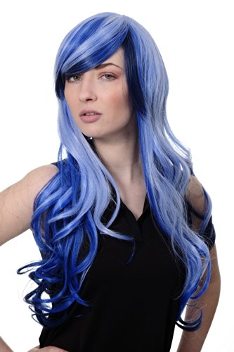 Parrucca da Cosplay, da ragazza, in un pazzo audace mix di stile con caschetto nero e coda di cavallo blu chiaro/ciano.
