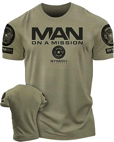 Man on Mission Workout Shirts for Men, Motivational Gym Funny Lifting T-Shirts (Man on Mission Military Green Branded, LG)