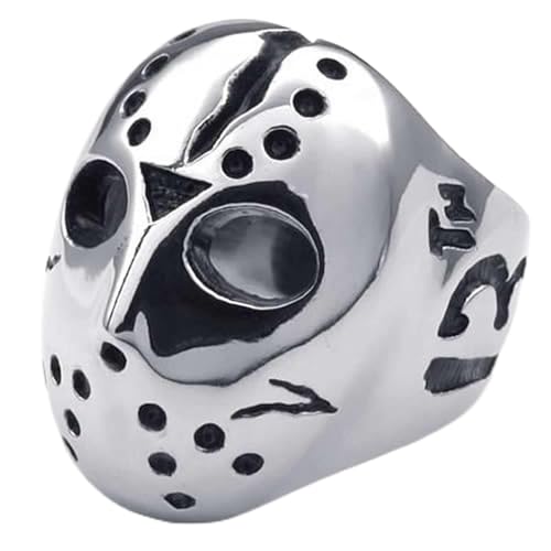 Bague biker homme en acier noir et argent motif masque de Jason taille 73