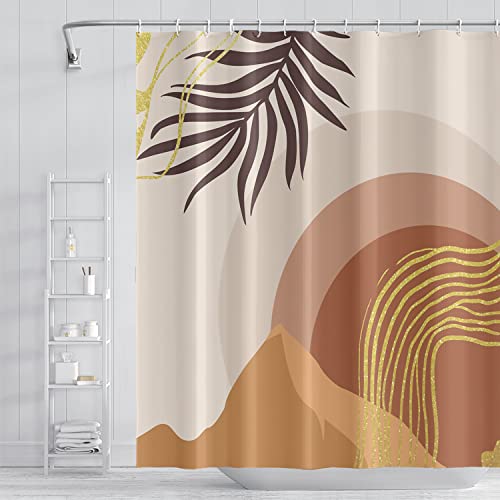 Umpoo Abstract Mid Century Boho Bathroom Shower Curtain - Eucalyptus Leaves, Gold Lines, Mountains - Waterproof Fabric Polyester With Hooks for Home Decor, 72x78 Inch