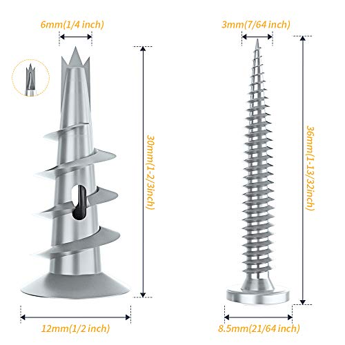 LuckIn Drywall Anchors and Screws, Zinc Self Drilling Wall Anchors for Drywall, 200 Pieces (100 Anchors + 100 Screws)