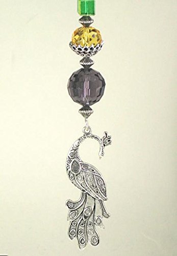 Pretty Antiqued Silvery Peacock with Amber, Green & Purple Glass Ceiling Fan Pull