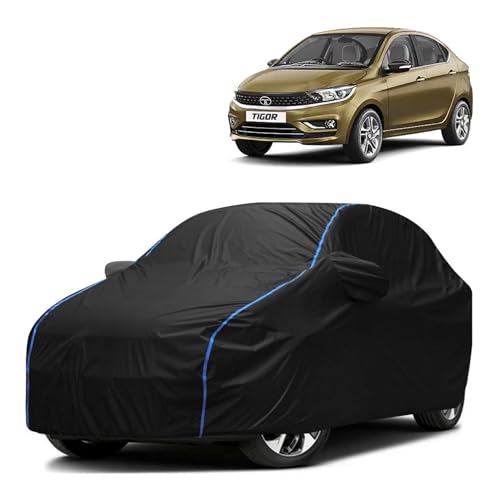 Image of Kerwa Car Body Cover Waterproof Compatible with TATA Tigor | Scratch Proof, Anti-Dust, UV Protection | Windproof Buckle Strap | Fitted Bottom Elastic | Side Mirror Pockets-Black