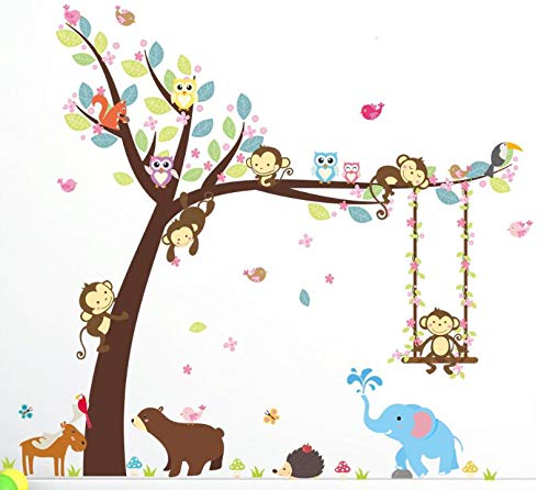 COVPAW Stickers muraux pour chambre d'enfant Motif singe balançoire hiboux jungle zoo ours éléphant 139
