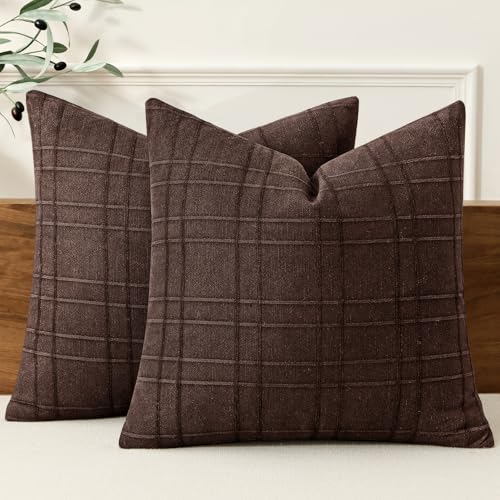 Image of MIULEE Decorative Linen Check Throw Pillow Covers Neutral Farmhouse Vintage Pillow Covers 20x20 Set of 2 Boho Modern Winter Home Decor for Sofa Couch Bedroom Cushion Dark Brown