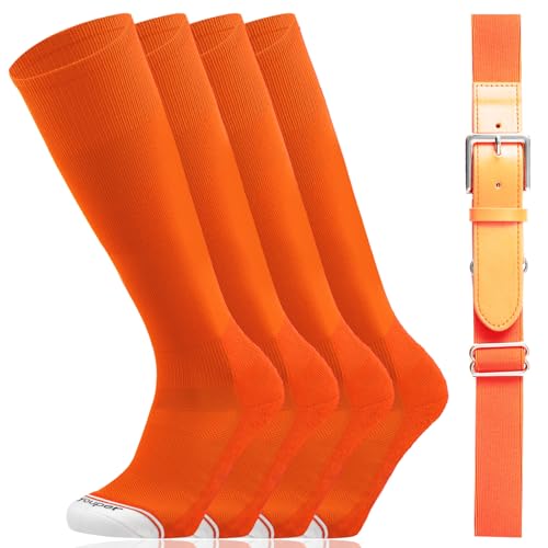 Youper Youth Elite Baseball Socks & Belt Combo (2 Pairs of Socks & 1 Belt) (Medium Orange/White)