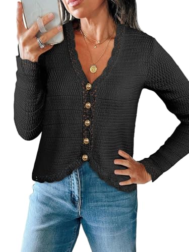 Image of Saodimallsu Womens V Neck Cardigan Sweaters Button Up Cropped Boho Knit Long Sleeve Loose Trendy Sweater Tops