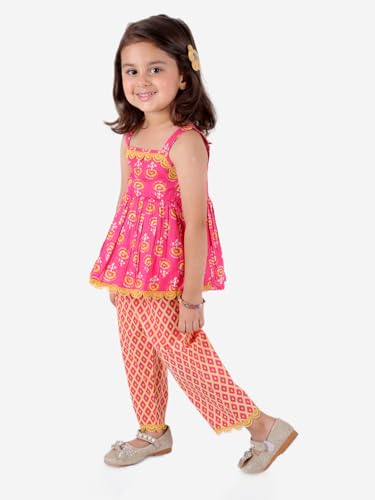 Baby Girl's Sanganeri Printed Sleeveless Cotton Top With Straight Pant Dress Clothing Set3