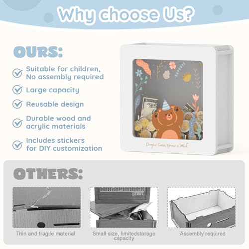 Image of Summidate Wooden Money Saving Box, Clear Window Cash Vault Savings Box with DIY Stickers, Personalized Bear Piggy Bank for Kids & Adults, Birthday /Baby Shower /Wedding Gift