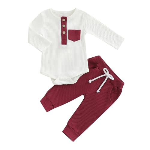 Image of fhutpw Baby Boy Clothes 3 6 12 18 Months Ribbed Knitted Long Sleeve Romper and Pants Sets Newborn Fall Splicing Color Outfits