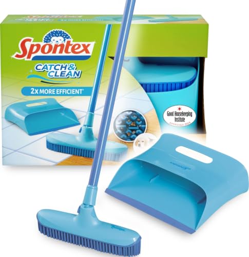 Spontex Catch & Clean Pelle et Balayette en Caoutchouc | Pour Sols et Poils d'Animaux | Manche Long 140 cm