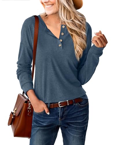Womens Henley Tops Long Sleeve Shirts Button Pullover Loose Fit Henley Neck Lightweight Tunic Blouse