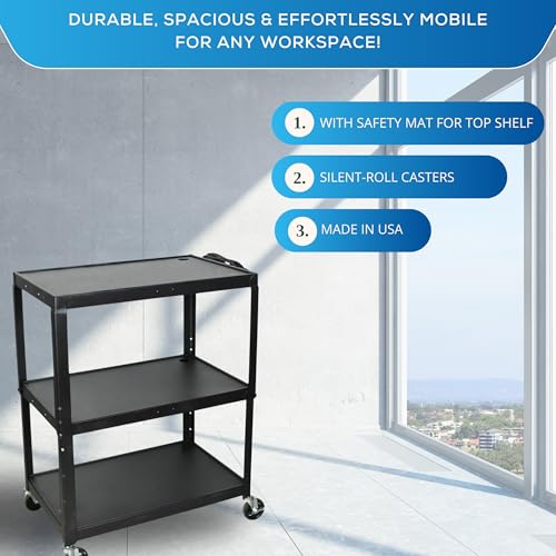 FSE Luxor 373-AVJ42XL Extra-Large Adjustable-Height Steel AV Cart, 3 Shelves, Electric Outlet, 24"-42" Height, 4" Locking Casters, Black, Made in USA