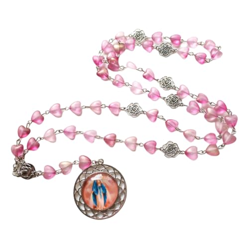 [ECVGHD] Hollowed Rose and Heart Beads Rosary Necklace with Glass Pendant Christian Gift