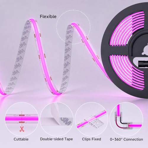 Image of BTF-LIGHTING Purple COB LED Strip Light, UL Listed 480LED /m High Density Uniform Light,16.4FT DC12V 8mm Width 3M Tape Light for Cabinet Bedroom Home Indoor DIY Lighting(No Adapter or Controller)