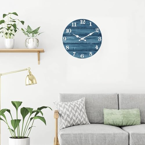 Image of XFM 12 Inch Blue Wall Clocks for Kitchen Living Room Decor | Silent Non-Ticking Battery Operated Vintage Wooden Rustic Round Decorative for Bedroom Farmhouse Office