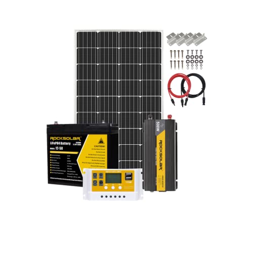 Rocksolar 500 Watt 12 Volts Solar Setup Kit With 150W Rigid Solar Panel, 20A Pwm Charge Controller, 50Ah Lifepo4 Deep Cycle Battery, Mc4 Adaptors & 500W Inverter #TOP2