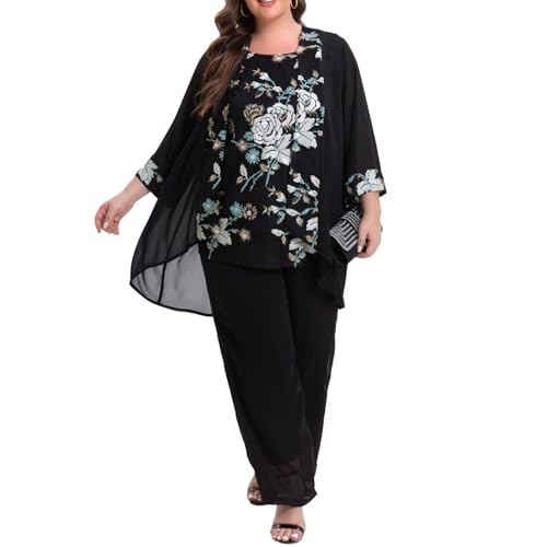 Women's Plus Size Wedding Pant Suits 3 Piece Chiffon Party Outfit for Mother of The Groom Bride Evening Gowns