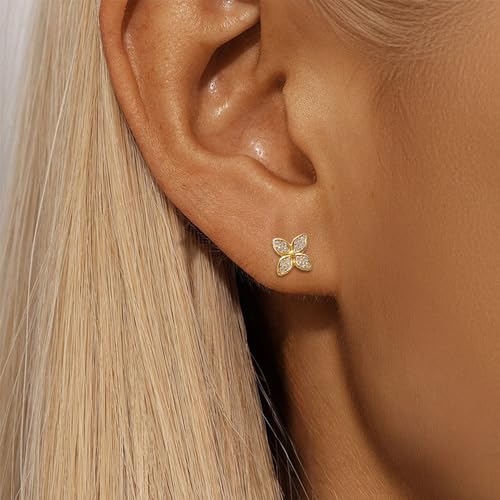 925 Sterling Silver Dainty CZ Lucky Leaf Stud Earrings for Women Flower Shaped 14K Gold Plated Earring Minimalist Stackable Fashion to Daughter Mom Wedding Birthday Halloween Season Jewelry for Her2