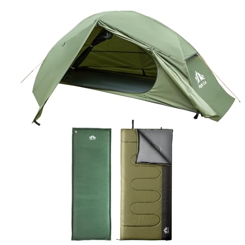 Night Cat 1-Person Camping Tent with Self-Inflating Sleeping Pad and Camping Sleeping Bag Lightweight Waterproof Hiking Tent for Adult