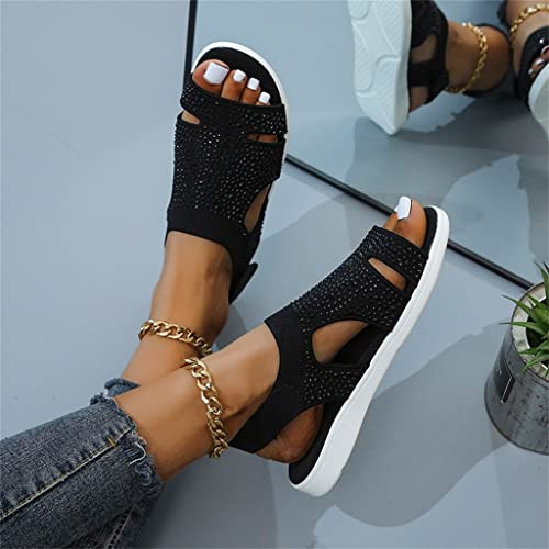 Women Sandals Stretch Flying Weave Rhinestone Casual Woman Flats Ladies Beach Shoe Big Size(D,37)