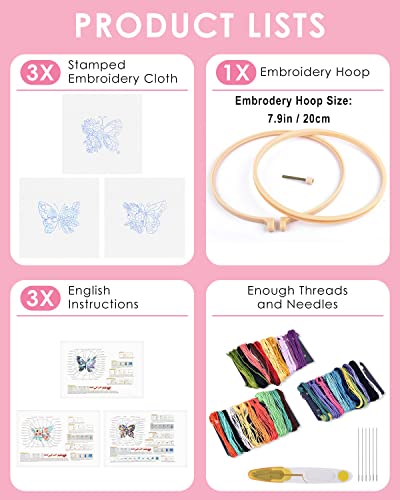Image of TINDTOP 3 Sets Embroidery Stitch Practice kit, Butterfly Flower Embroidery Kit for Beginners Include Cloth Hoops Threads for Craft Lover Hand Stitch with Embroidery Skill Techniques | 3 Sets for Beginners Include Cloth Hoops Threads for Craft Lover Hand Stitch with Embroidery Skill Techniques