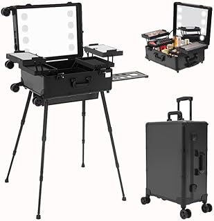 Maleta profissional multifuncional com 4 rodas, iluminação, espelho e suporte de altura ajustável de 3 níveis, base 12 V, Preto