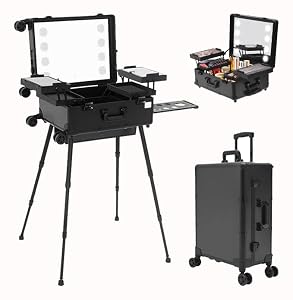 Professionele cosmeticakoffer trolley met 4 wielen, verlichting, spiegel, make-uporganizer, 3 standen instelbare hoogte, 12 V sokkel, zwart