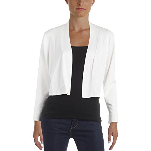 Calvin Klein Women's 3/4 Sleeve Knit Shrug with Lace Back and Scallop Hem, White, Large
