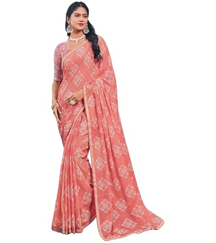 Image of Laxmipati Sarees Women's Floral Printed Chiffon Saree in Peach Color with unstitched Blouse Material - Suitable For All Indian Occasions and Festivals