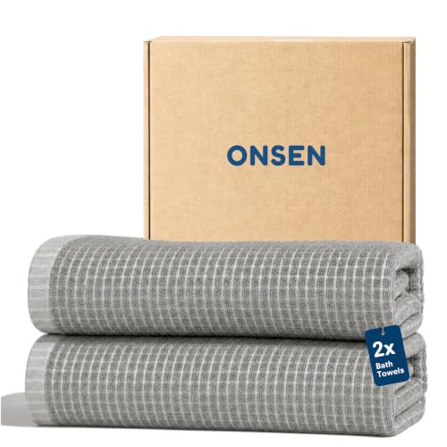 ONSEN Sculpted Terry Bath Towels 100% American Cotton Quick Dry Lint Free Lightweight Absorbent Bath Towel Set with Hanging Loop 28x55 in (Grey Fog 2X Bath Towel)