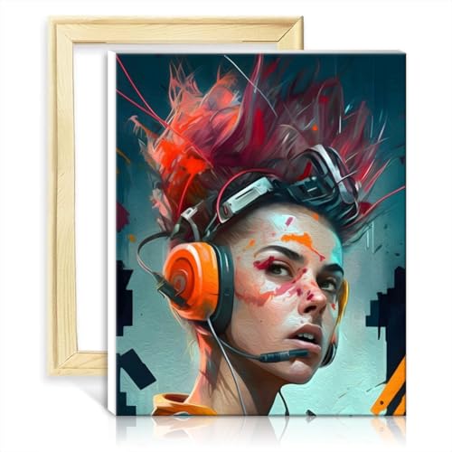 Image of TANGFEIY on Canvas Easy to Paint Artwork Girl with Headphones Pigment on Canvas Painting Adults with Brushes and Acrylic Pigment for Home Wall Decor NO Frame(50x65cm)