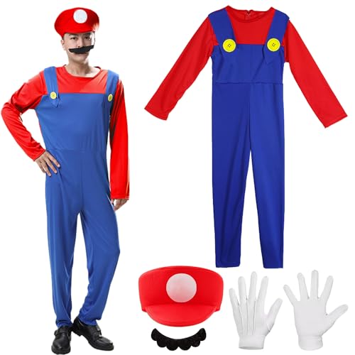 YeahBoom Mario Kostüm Luigi Kostüm Set 4 Stück Luigi Kostüme mit Mütze Bart Handschuhe Super Bros Cosplay Kostüme Männer Damen Erwachsene Outfit für Weihnachten Karneval Cosplay Faschingskostüme