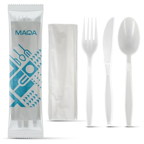 MAQA 100 Kit Posate Riutilizzabili in CPLA – Forchetta, Coltello, Cucchiaio e Tovagliolo 2 Veli – Imbustati Singolarmente – Compostabili e Certificati per Uso Alimentare – Ideali per Eventi, Catering