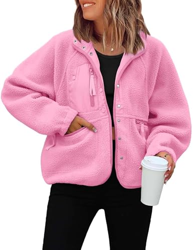 Vimyig Veste légère en polaire courte pour femmes, hiver, veste chaude en Sherpa, manteau, vêtements d'extérieur avec poches, Rose, XXL