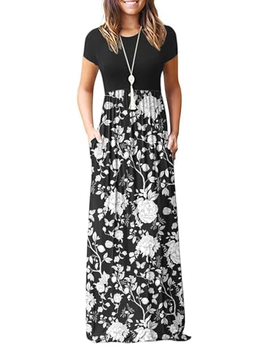 Image of MISFAY Women's Short Sleeve Maxi Dresses Long Casual Dresses with Pockets | Empire Elastic Waist, Crew Neck, Floor Length, Strentchy Flowy A Line Fit, Loose Plain Summer Outfits, Vacation Wear