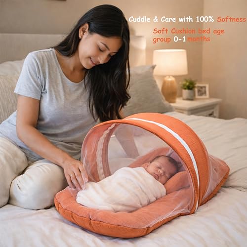 Image of Fareto Combo of Baby Bed with Net | Carry Bag | 4 Pcs Bedding Set (0-6 Months, Baby Size, Cotton) (Gajri M)