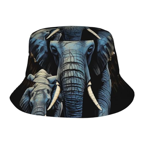 Unisex Cute Bucket Hat Summer Travel Fisherman Cap Two Elephants Beach Travel Sun Hat Outdoor Cap Black