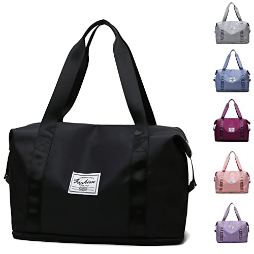 VOKUVIKU Léger Sac de Voyage Femme Grand Volume Nylon Travel Bag Imperméable Chemise Fille Sac de Voyage Pliable de Grande Capacité Homme Sac Sport à Main Plage Gym Camping - Noir foncé Cover