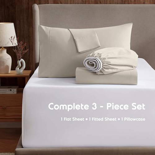 Image of Nestl Twin Bed Sheet Set - Linen - 3-Piece Deep Pocket | Instantly Soft, Night-One Ready (No Wash Required). Fits 16-Inch Deep Pockets, 360-Degree Elastic Grip