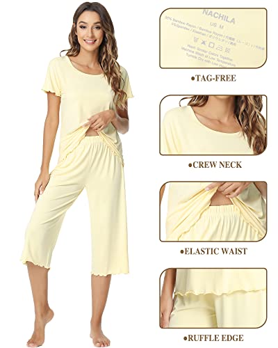 Nachila Bamboo Pajamas For Women Soft Pajama Sets Short Sleeve Top With Capri Pants Pjs Plus Size Loungewear Yellow 4Xl #TOP3