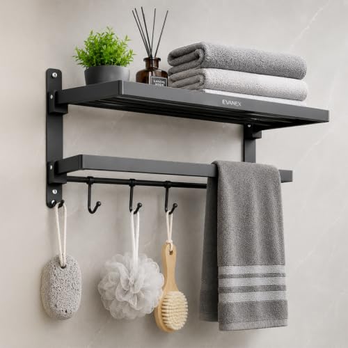 Image of EVANEX Towel Rack for Bathroom 304 Stainless Steel Towel Holder 24 Inch Folding Towel Rack with Shelf Wall Mounted Chrome Finish Black Bathroom Organizer, Bathroom Accessories Set